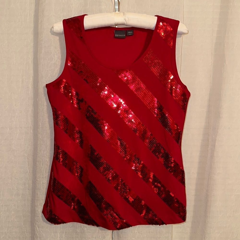Covington MP Vibrant Red Sequined Diagonal Stripes Sleeveless Tank Top